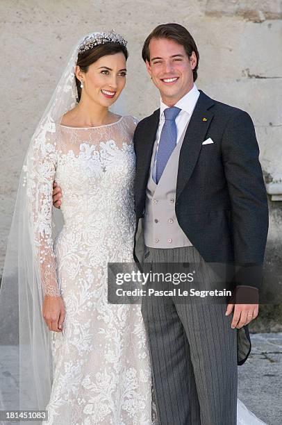 Princess Claire Of Luxembourg and Prince Felix Of Luxembourg depart from their wedding ceremony at the Basilique Sainte Marie-Madeleine on September...