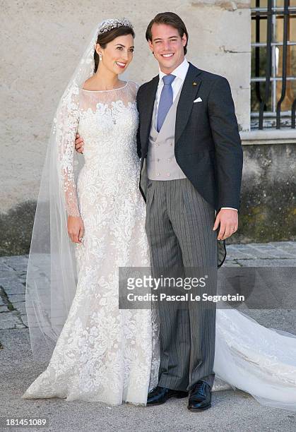 Princess Claire Of Luxembourg and Prince Felix Of Luxembourg depart from their wedding ceremony at the Basilique Sainte Marie-Madeleine on September...