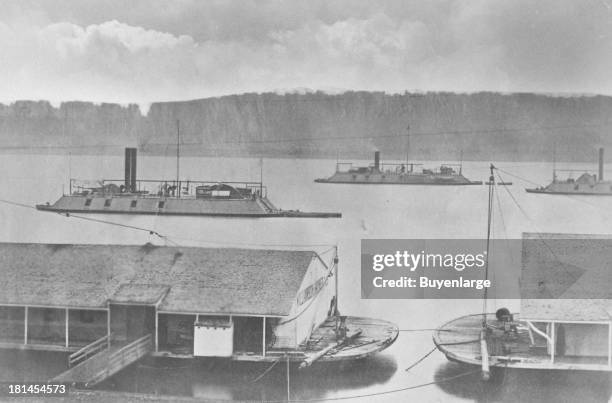 Gunboats DeKalb, Mound City, and Cincinnati from the Union's Mississippi River Fleet; A single hit from a frigate would demolish a gunboat, but a...