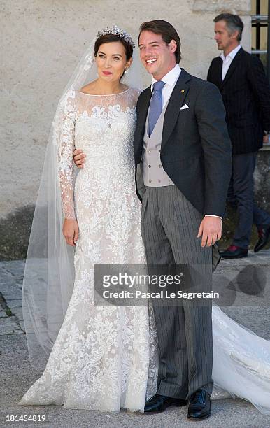 Princess Claire Of Luxembourg and Prince Felix Of Luxembourg depart from their wedding ceremony at the Basilique Sainte Marie-Madeleine on September...