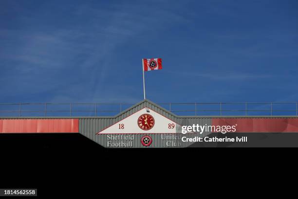 General view of the clock and flag inside the stadium ahead of the Premier League match between Sheffield United and AFC Bournemouth at Bramall Lane...