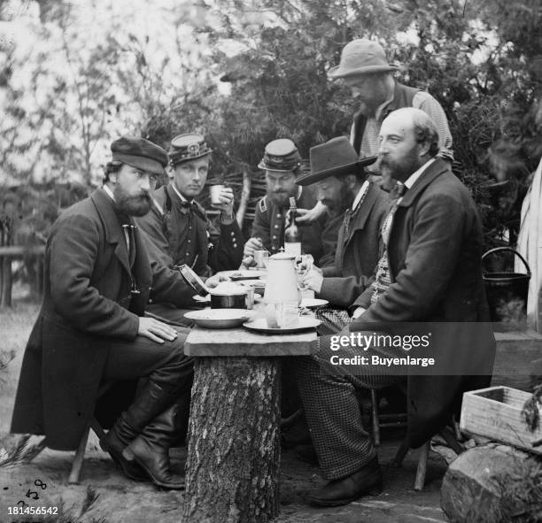 Comte de Paris, Duc de Chartres, Prince de Joinville and friends at lunch. Prince Robert Philippe Louis Eugène Ferdinand of Orléans, Duke of Chartres...