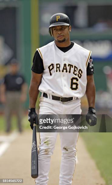 Abraham Nunez of the Pittsburgh Pirates looks on from the field before batting against the Chicago Cubs during a game at PNC Park on September 21,...