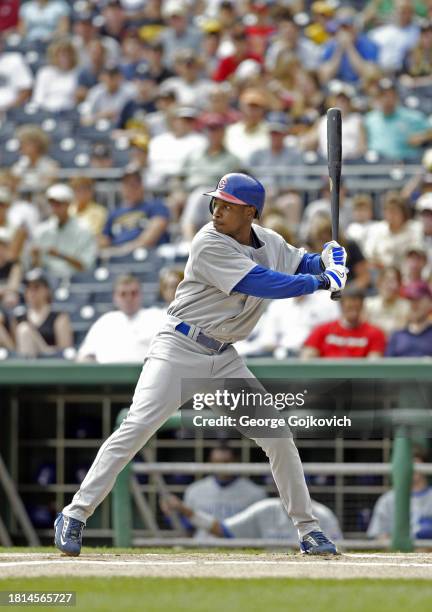 Kenny Lofton of the Chicago Cubs bats against the Pittsburgh Pirates during a game at PNC Park on September 21, 2003 in Pittsburgh, Pennsylvania. The...