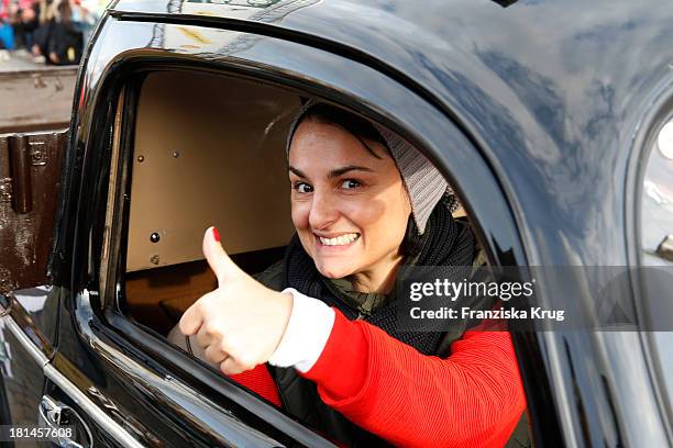 Mimi Fiedler attends the Hamburg-Berlin Klassik Rallye 2013 - Day 2 on September 21, 2013 in Hamburg, Germany.