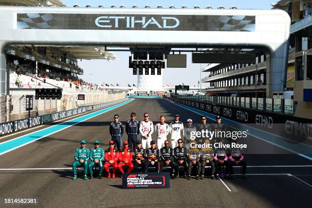 The field pose for the F1 Drivers Class of 2023 photo prior to the F1 Grand Prix of Abu Dhabi at Yas Marina Circuit on November 26, 2023 in Abu...