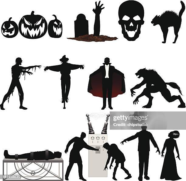 ilustrações de stock, clip art, desenhos animados e ícones de dia das bruxas silhueta - frankenstein