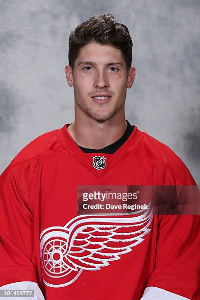 Cory Emmerton of the Detroit Red Wings poses for his official headshot for the 2013-2014 season at Centre Ice Arena on September 11, 2013 in Traverse...