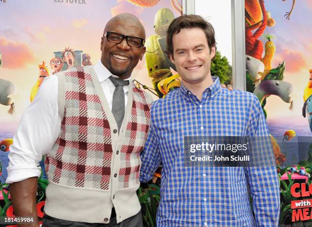 Actor Terry Crews and actor Bill Hader attend Premiere of "Cloudy With A Chance Of Meatballs 2" presented by Sony Pictures Animation at Regency...