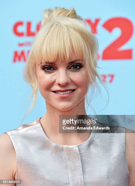 Actress Anna Faris arrives at the Los Angeles premiere of "Cloudy With A Chance Of Meatballs 2" at the Regency Village Theatre on September 21, 2013...