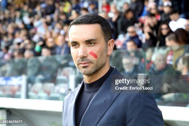 Raffaele Palladino coach of Monza with a red sign on his face in support of the International Day for the Elimination of Violence Against womenduring...