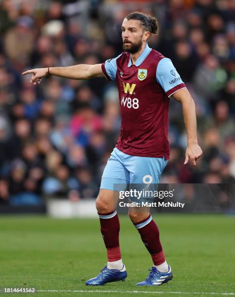 Jay Rodriguez of Burnley points during the Premier League match between Burnley FC and West Ham United at Turf Moor on November 25, 2023 in Burnley,...