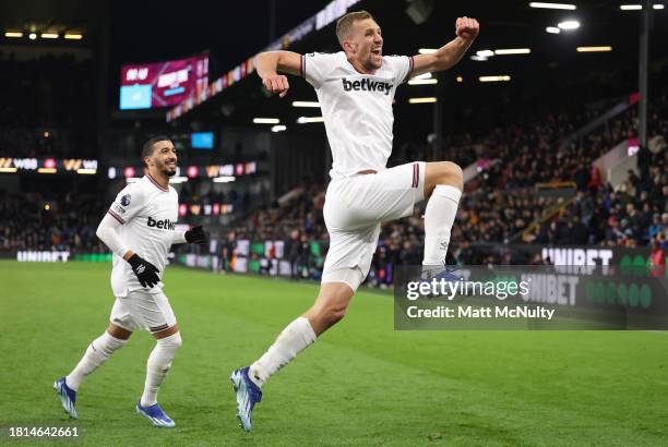 Tomas Soucek of West Ham United celebrates after scoring the team's second goal during the Premier League match between Burnley FC and West Ham...