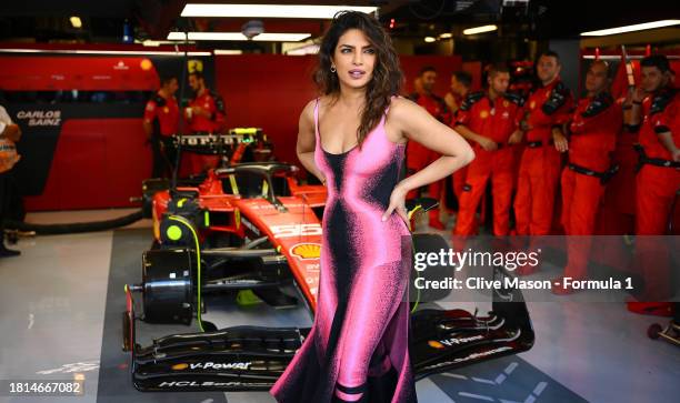 Priyanka Chopra poses for a photo in the Ferrari garage prior to the F1 Grand Prix of Abu Dhabi at Yas Marina Circuit on November 26, 2023 in Abu...