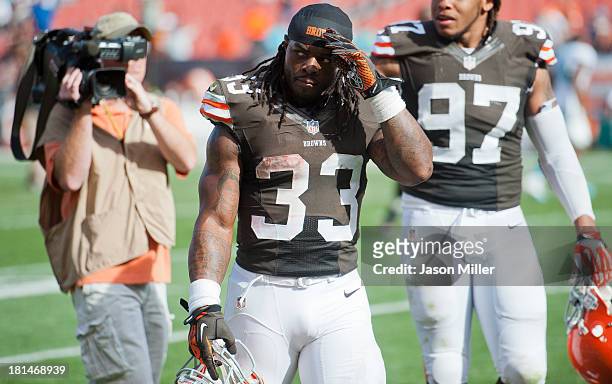 Running back Trent Richardson of the Cleveland Browns walks off the field after the game against the Miami Dolphins at First Energy Stadium on...