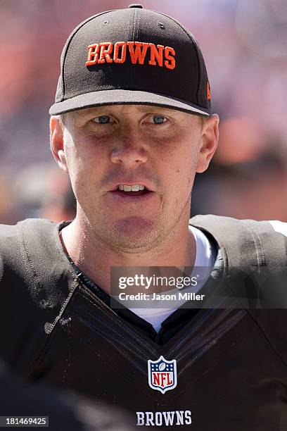 Quarterback Brandon Weeden of the Cleveland Browns on the sidelines during the first half against the Miami Dolphins at First Energy Stadium on...