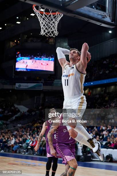 Mario Hezonja of Real Madrid in action during ACB League match between Real Madrid and Morabanc Andorra at WiZink Center on November 26, 2023 in...