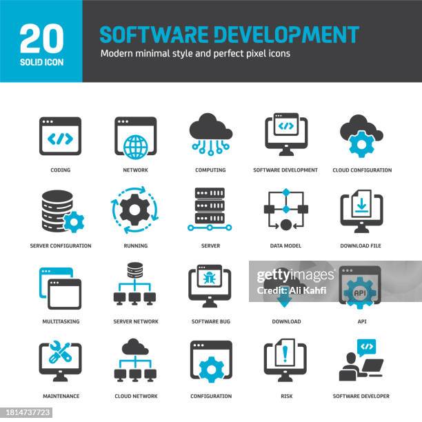 stockillustraties, clipart, cartoons en iconen met software development solid icons. containing coding, api, server, data, solid icons collection. vector illustration. for website design, logo, app, template, ui, etc. - application programming interface
