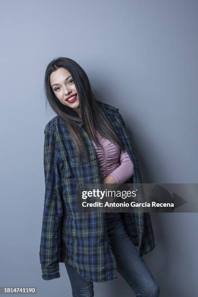 young model with hipster square shirt on her body - plaid shirt isolated stock pictures, royalty-free photos & images