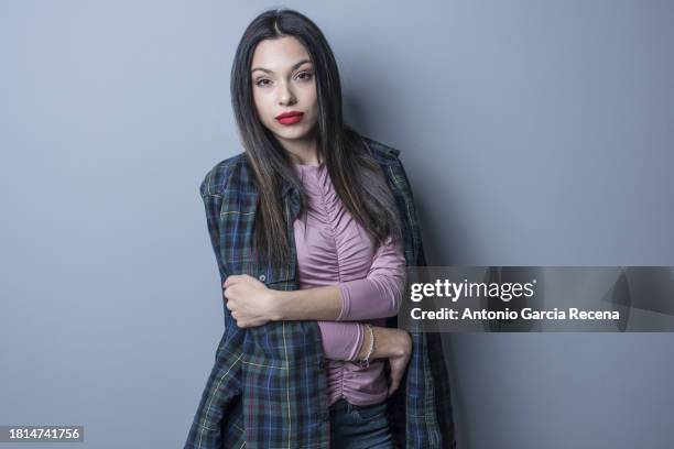 young model with hipster square shirt on her body - plaid shirt isolated stock pictures, royalty-free photos & images