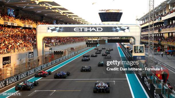 Rear view of the start of the F1 Grand Prix of Abu Dhabi at Yas Marina Circuit on November 26, 2023 in Abu Dhabi, United Arab Emirates.