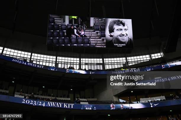 General view inside the stadium as the scoreboard displays a remembrance message following the passing of former English football player and manager,...