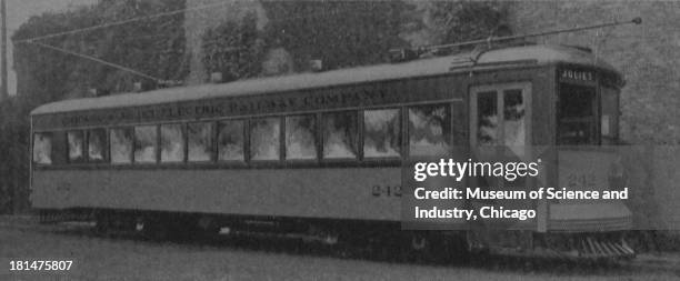 Black and white image, for the Westinghouse Electric Railway Equipment company, of a Light-Weight Interurban Car, which belongs to Chicago and Joliet...