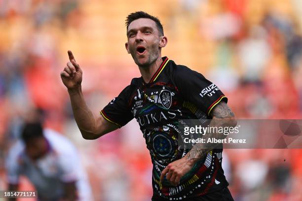 Jay O'Shea of Brisbane celebrates scoring a goal during the A-League Men round five match between Brisbane Roar and Perth Glory at Suncorp Stadium,...