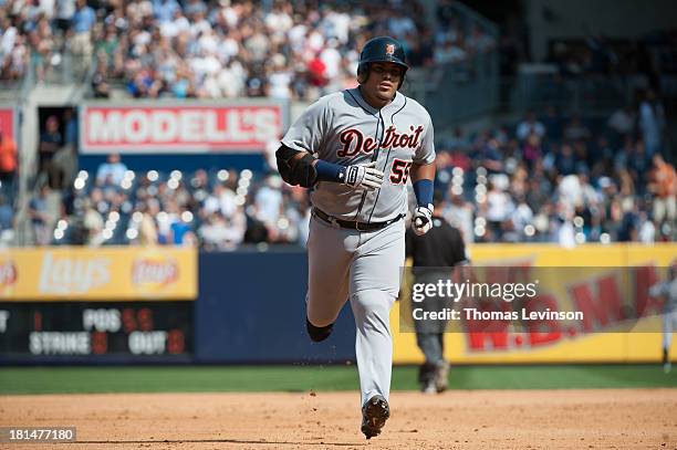 Brayan Pena of the Detroit Tigers runs the bases after hitting a home run during the game against the New York Yankees on Sunday, August 11, 2013 at...