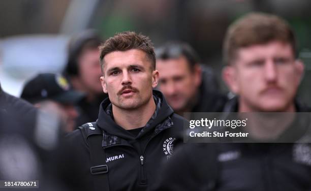 Exeter Rugby player Henry Slade arrives at the ground prior to the Gallagher Premiership Rugby match between Newcastle Falcons and Exeter Chiefs at...