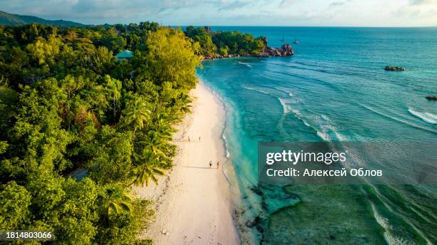 aerial view top down seashore. beautiful azure sea surface in sunny day summer background amazing seascape top view seacoast at anse severe beach, la digue seychelles - océan indien photos et images de collection
