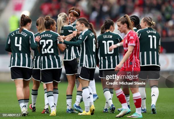 Hinata Miyazawa of Manchester United celebrates with teammates after scoring the team's first goal during the Barclays Women´s Super League match...