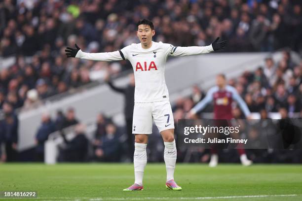 Son Heung-Min of Tottenham Hotspur reacts during the Premier League match between Tottenham Hotspur and Aston Villa at Tottenham Hotspur Stadium on...