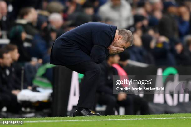 Ange Postecoglou, Manager of Tottenham Hotspur, reacts during the Premier League match between Tottenham Hotspur and Aston Villa at Tottenham Hotspur...