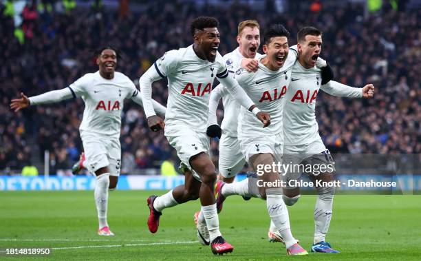 Giovani Lo Celso of Tottenham Hotspur celebrates scoring their teams first goal during the Premier League match between Tottenham Hotspur and Aston...