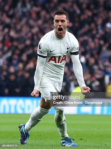 Giovani Lo Celso of Tottenham Hotspur celebrates scoring their teams first goal during the Premier League match between Tottenham Hotspur and Aston...