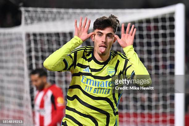 Kai Havertz of Arsenal celebrates after scoring the winning goal during the Premier League match between Brentford FC and Arsenal FC at Gtech...