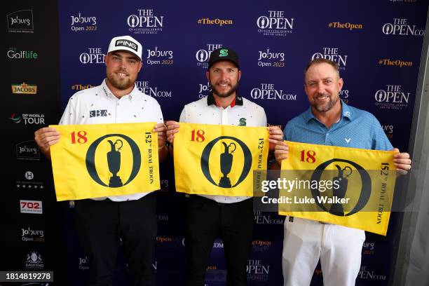 Dean Bermester of South Africa, Dan Bradbury of England and Darren Fichardt of South Africa pose for a photograph following their qualification for...