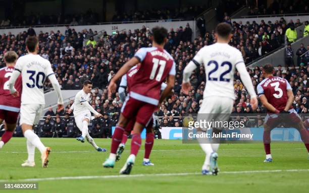 Giovani Lo Celso of Tottenham Hotspur scores the team's first goal during the Premier League match between Tottenham Hotspur and Aston Villa at...