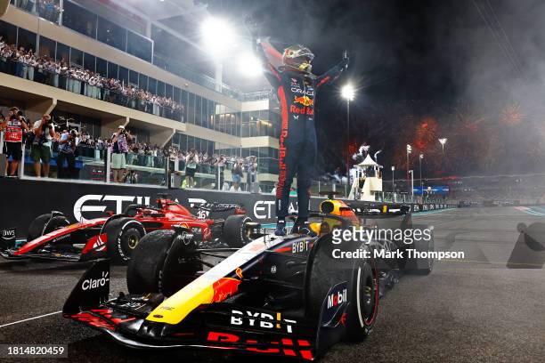 Race winner Max Verstappen of the Netherlands and Oracle Red Bull Racing celebrates in parc ferme during the F1 Grand Prix of Abu Dhabi at Yas Marina...