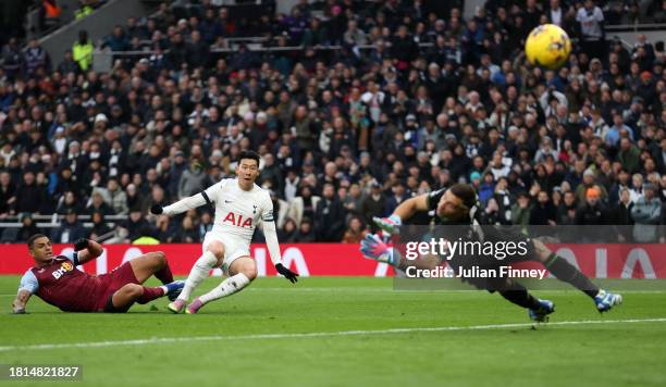 Son Heung-Min of Tottenham Hotspur scores the team's second goal before being disallowed for offside during the Premier League match between...