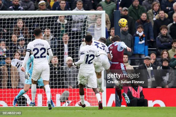 Pau Torres of Aston Villa scores the team's first goal to equalise during the Premier League match between Tottenham Hotspur and Aston Villa at...