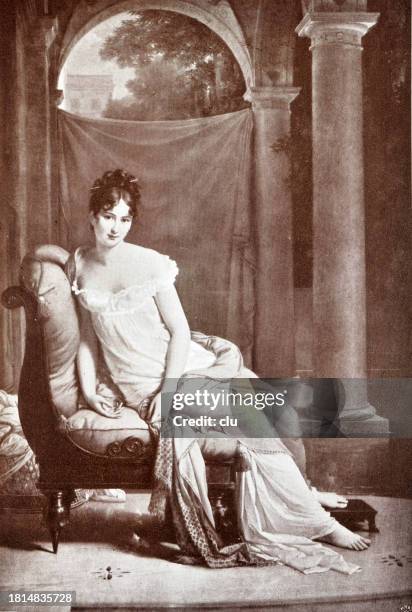 juliette or julie récamier, called madame récamier, french salonnière, sitting on a chaiselongue - 19th century stock illustrations