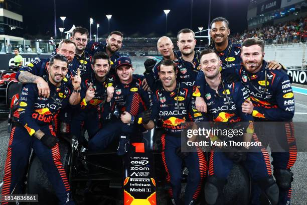 Race winner Max Verstappen of the Netherlands and Oracle Red Bull Racing poses for a photo with his team in parc ferme during the F1 Grand Prix of...