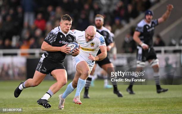 Falcons player Jamie Blamire breaks through to score the opening try during the Gallagher Premiership Rugby match between Newcastle Falcons and...