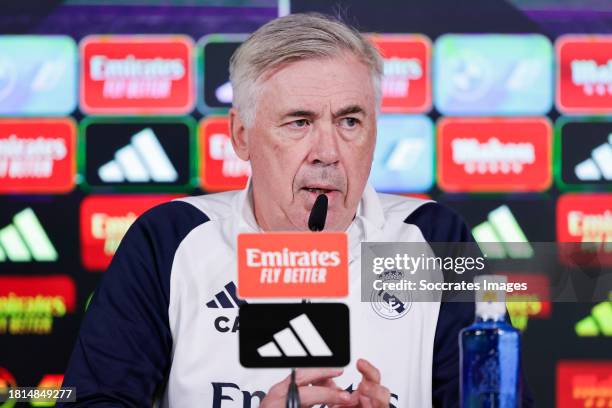 Coach Carlo Ancelotti of Real Madrid during the Real Madrid training and press conference at the Ciudad Deportiva Real Madrid on December 1, 2023 in...