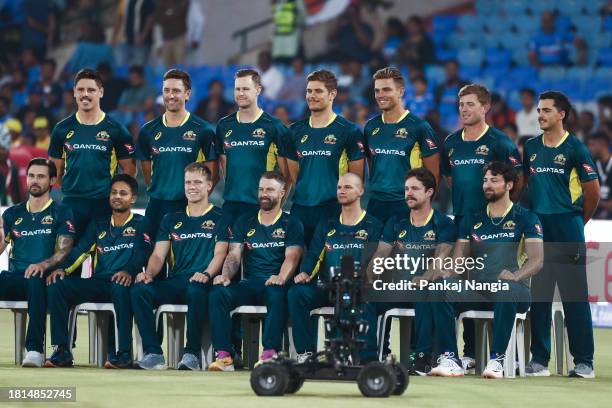 Australia players pose for the group photo prior to game four of the T20 International series between India and Australia at Shaheed Veer Narayan...