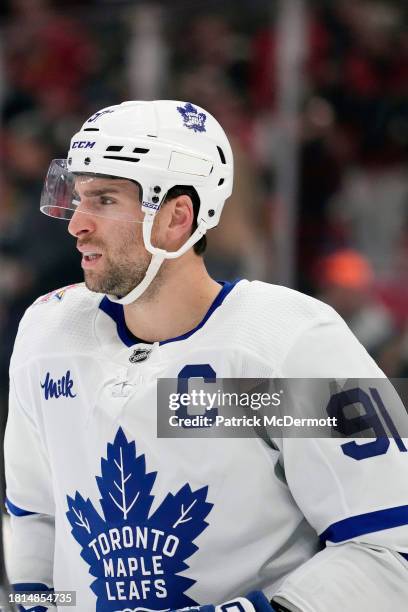 John Tavares of the Toronto Maple Leafs skates against the Chicago Blackhawks during the second period at the United Center on November 24, 2023 in...
