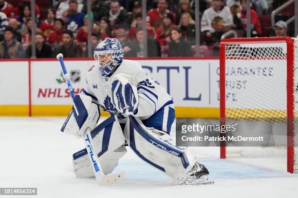 Ilya Samsonov of the Toronto Maple Leafs tends the net against the Chicago Blackhawks during the second period at the United Center on November 24,...