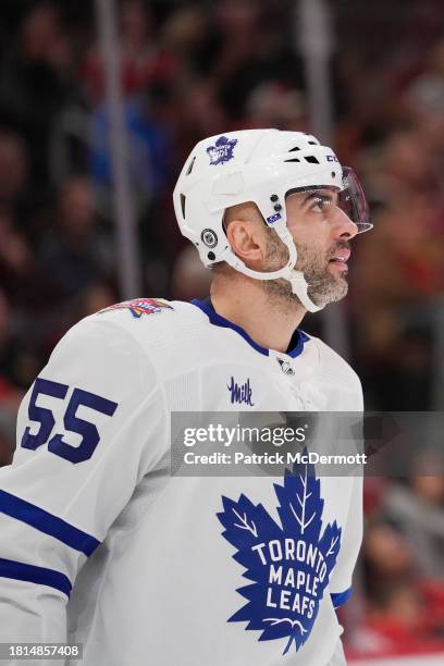 Mark Giordano of the Toronto Maple Leafs skates against the Chicago Blackhawks during the first period at the United Center on November 24, 2023 in...